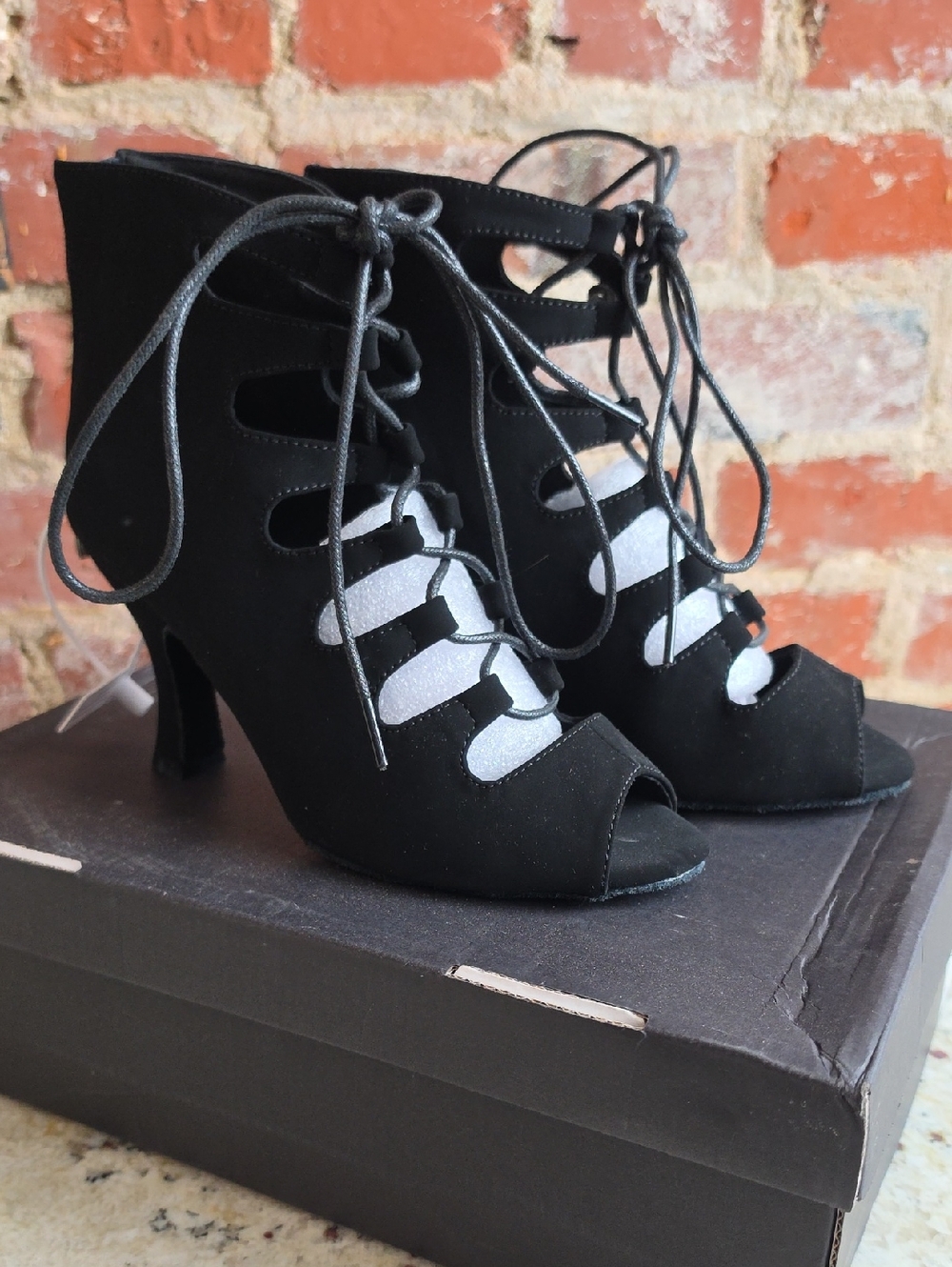 Black Lace-Up Cutout Peep-Toe Heels